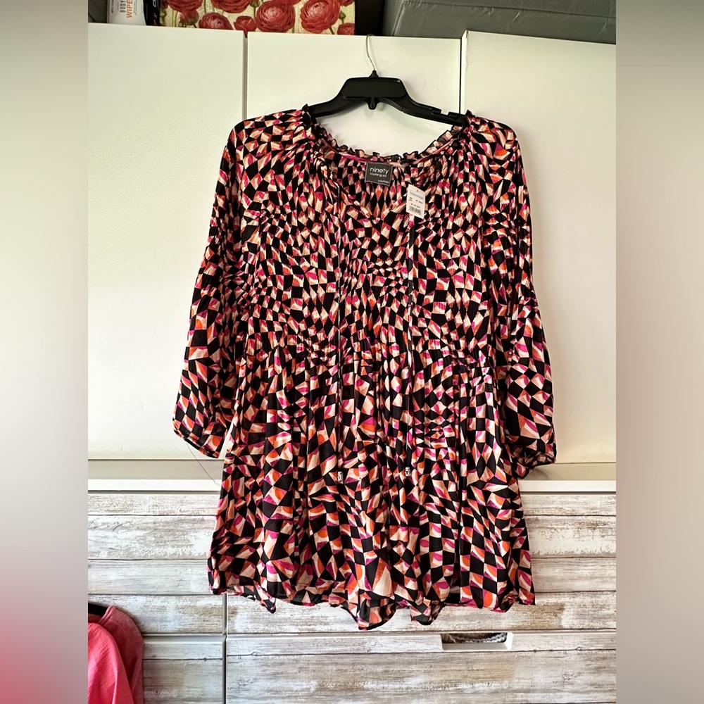 💖 NINETY Clothing Co Geometric Boho Tunic Blouse Pink Black Orange 1X NWT